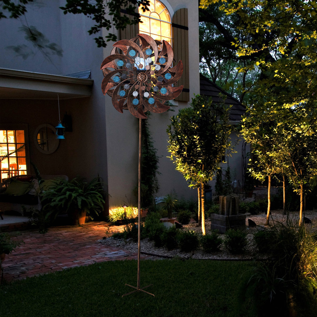 Satoria 18" dia. Outdoor Kinetic Windmill Spinner with Solar-Powered LED Light & Weather-Resistant Metal Copper Finish